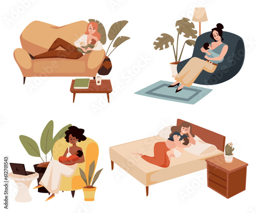 Breastfeeding scenes with mothers nursing a baby, flat vector illustrations set.