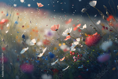 spring field of flowers with flying petals