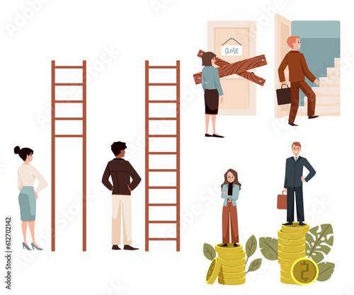 Gender gap and social inequality abstract drawing, flat vector illustration isolated on white background.