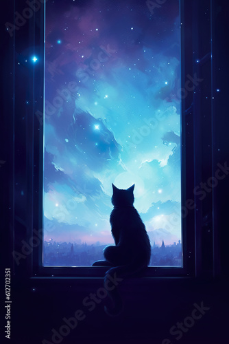 A cat sitting on a window sill looking out at the night sky. Generative AI.