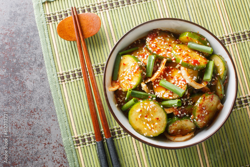 Easy Spicy Korean Cucumber Salad Oi Muchim made with garlic, onion, sesame and hot peppers on the table. Horizontal top view from above photo