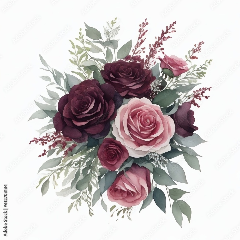 Beautiful watercolor wedding bouquet of rose on a white background. hand-drawn illustration AI Generative Beautiful watercolor wedding bouquet of rose on a white background. hand-drawn illustration AI Generative