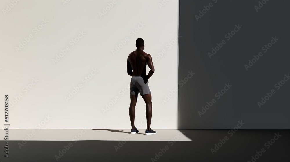 Minimalistic scene with the silhouette of an athlete and dramatic hard shadows. This composition symbolizes determination, strength, and the disciplined pursuit of physical excellence. Generative AI Minimalistic scene with the silhouette of an athlete and dramatic hard shadows. This composition symbolizes determination, strength, and the disciplined pursuit of physical excellence. Generative AI