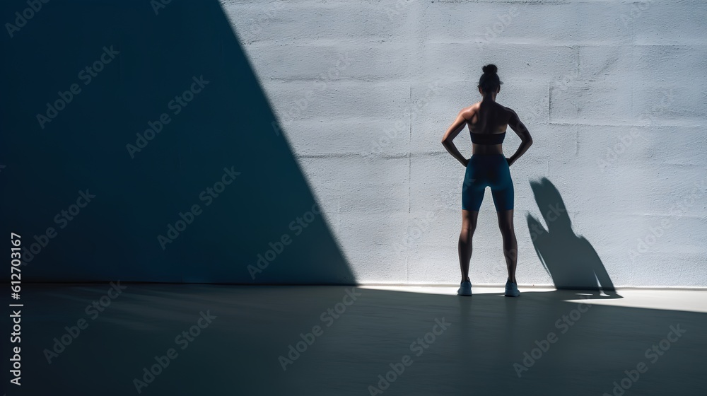 Minimalistic scene with the silhouette of an athlete and dramatic hard shadows. This composition symbolizes determination, strength, and the disciplined pursuit of physical excellence. Generative AI Minimalistic scene with the silhouette of an athlete and dramatic hard shadows. This composition symbolizes determination, strength, and the disciplined pursuit of physical excellence. Generative AI