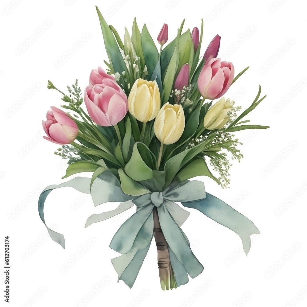 Bouquet of Tulip and green leaves on white background AI Generative Bouquet of Tulip and green leaves on white background AI Generative