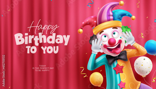 Happy birthday text vector design. Birthday greeting in red space with funny clown comedian character. Vector illustration event and occasion card background.