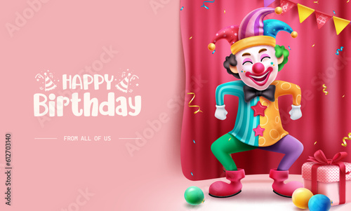 Happy birthday text vector design. Birthday clown character in standing pose for party event celebration with happy facial expression. Vector illustration greeting card bakground.