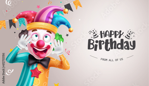 Happy birthday text vector template. Birthday clown, comedian and entertainer character  in happy facial expression. Vector illustration party invitation card design.