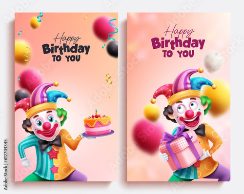 Happy birthday text vector poster set. Birthday clown character holding cake and gift for party celebration. Vector illustration greeting card design.