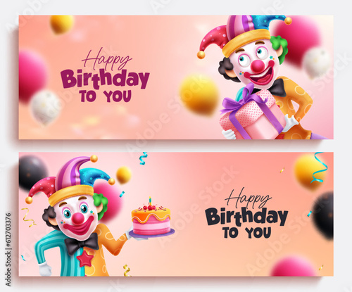 Happy birthday text vector set banner. Birthday clown and magician character in colorful background. Vector illustration invitation card design.  © ZeinousGDS