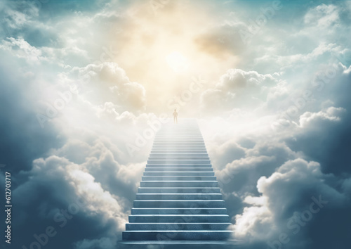 Stairway to heaven, stone staircase leading to orange yellow glow in distance, small person silhouette at end of stairs, clouds around. Generative AI
