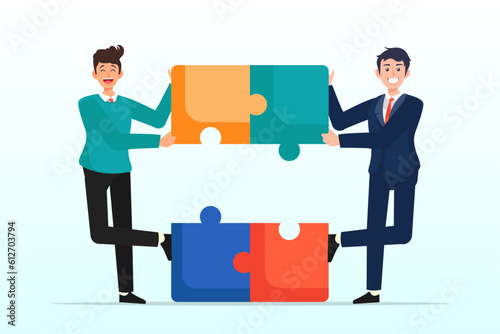 Businessmen colleagues or business partner assemble jigsaws together to complete the puzzle., partnership and teamwork, business agreement deal or working team collaboration concept (Vector)