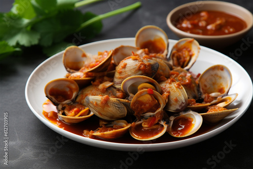 a plate of clams with padang sauce