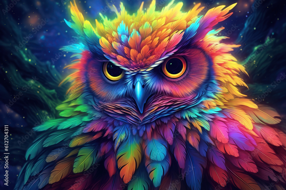 Obraz premium colorful rainbow feathers, magical fantasy owl, Generative AI