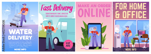 Water delivery and online order cards or flyers flat vector illustration.