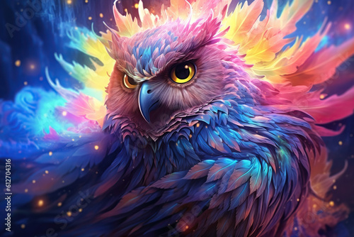 abstract illustration of a colorful magical owl, Generative AI © Dianne
