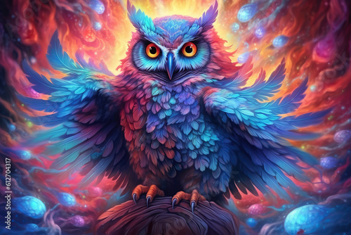 blue owl with spread wings on an abstract background, fantasy art, Generative AI © Dianne