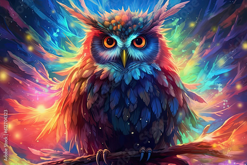 surreal colorful owl sitting on a branch, Generative AI © Dianne