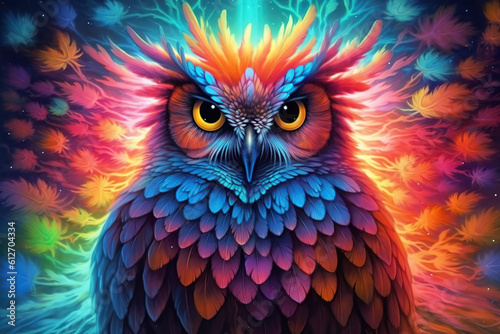 portrait of an owl in rainbow colors, colorful feathers, Generative AI © Dianne