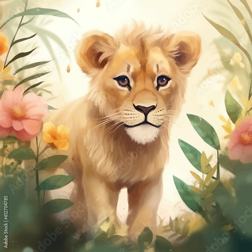 Cute baby lion cartoon in watercolor style