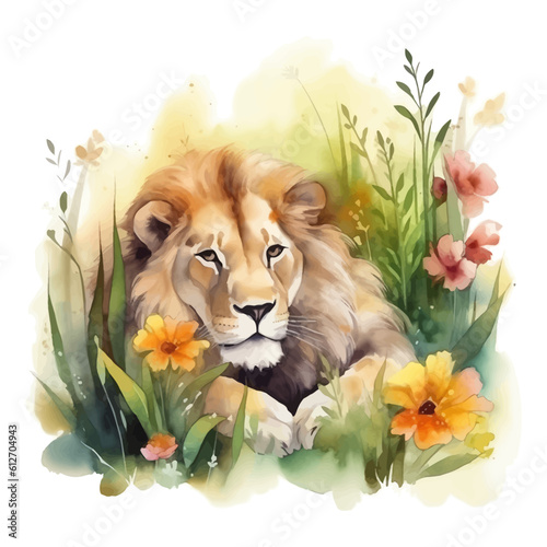 Cute lion cartoon in watercolor style