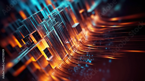 Modern digital abstract 3D background. Can be used in the description of network abilities, technological processes, digital storages, science, education, etc. Copy space. Based on Generative AI