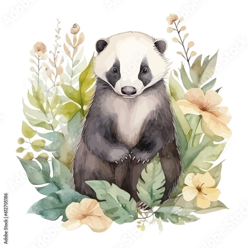 Cute badger cartoon in watercolor style