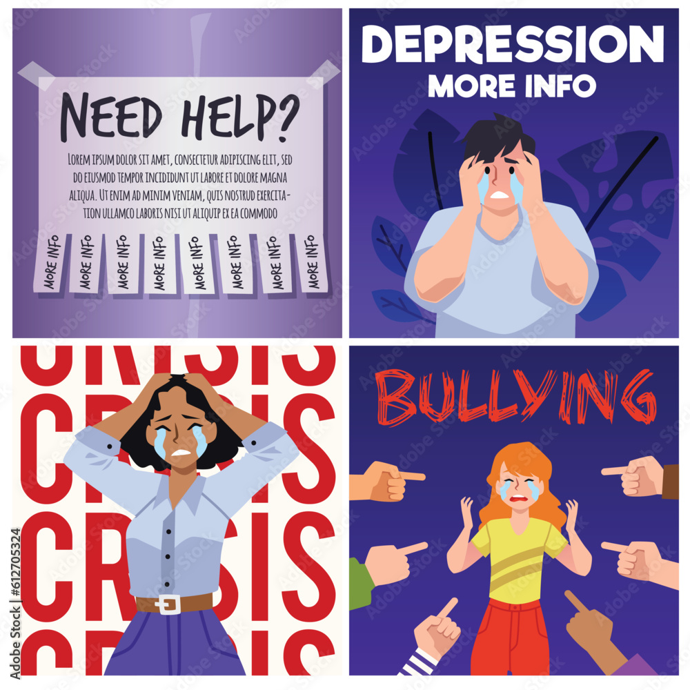 Depression and psychological crisis banners or cards set, flat vector. Depression and psychological crisis banners or cards set, flat vector.