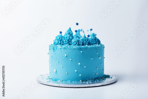 blue birthday cake on white background