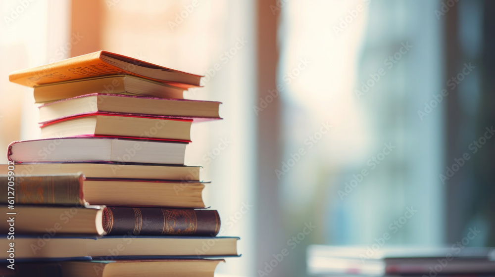Close up Of Books Stacked, blur background. AI generation Close up Of Books Stacked, blur background. AI generation