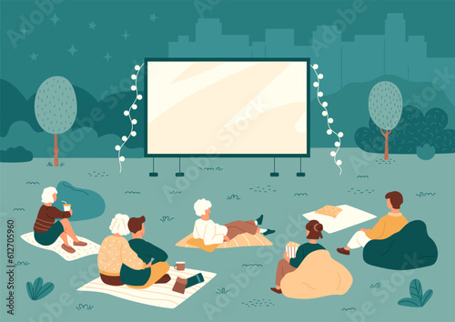 Outdoor cinema in public park. People resting in the night on blankets and cushion chairs. Summer evening activities concept. Man and woman watching movies in fresh air. Vector illustration.