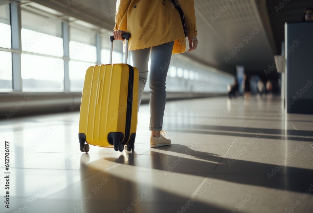 Woman with yellow suitcase walking at the airport . Generative ai Woman with yellow suitcase walking at the airport . Generative ai