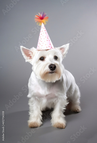 Minimal birthday party animal concept, cute dog having crazy fun on pastel background. Birthday cap on a happy puppy animal. Generative AI, illustration.