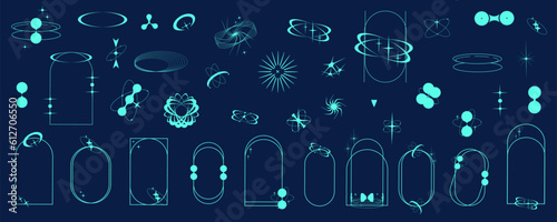 Aesthetic Frame minimal element set. Y2k graphic shape with star and line. Aesthetic vecor illustration. Geometric arch for modern design
