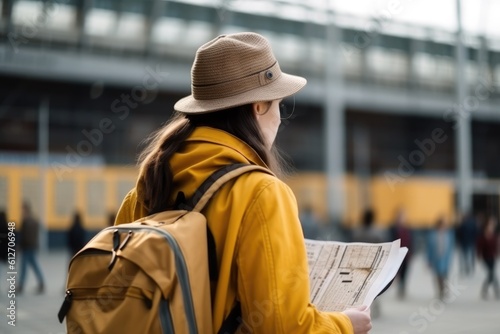Beautiful female tourist with yellow backpack looking for departure tabloid at the airport . Generative ai