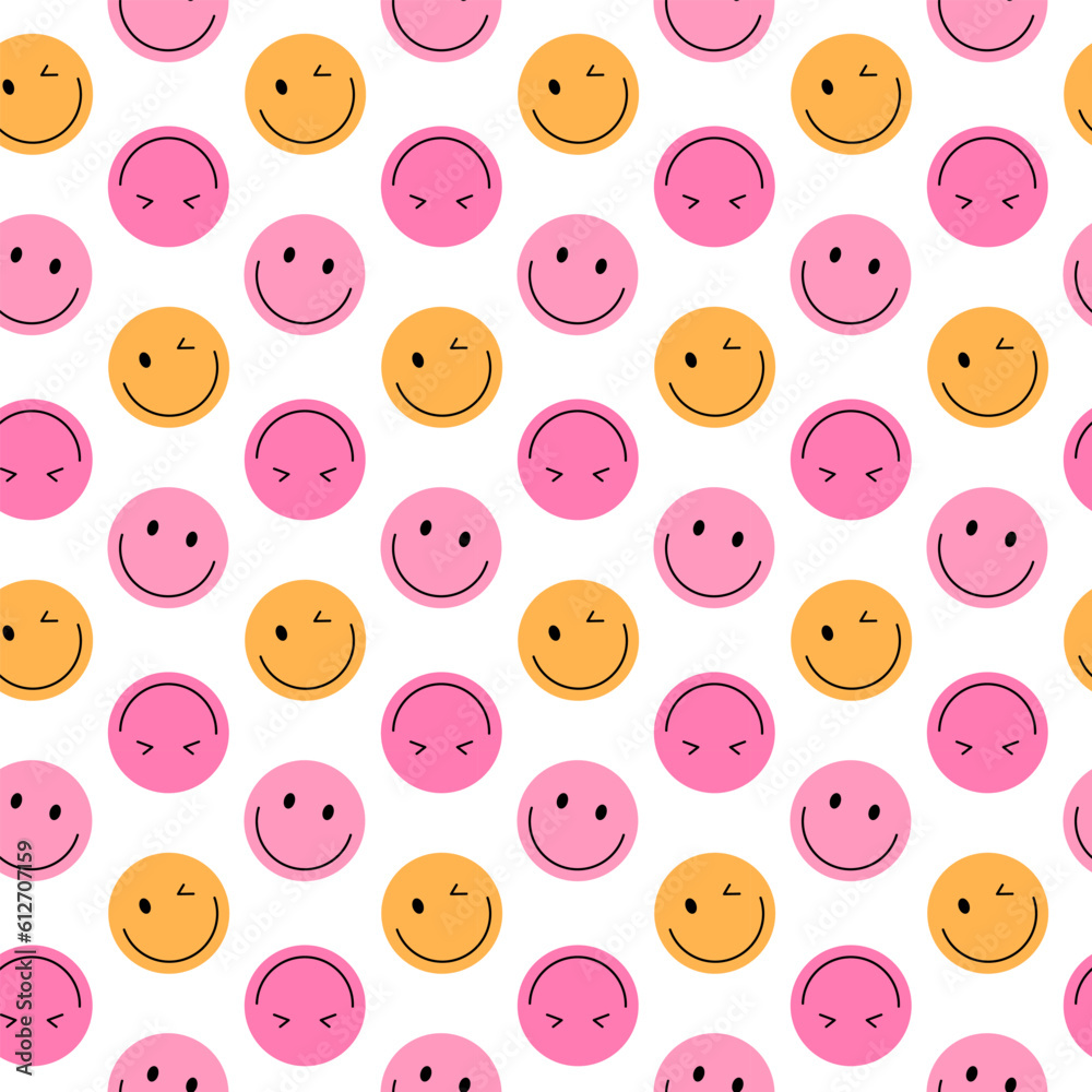 Y2k seamless pattern with smile faces on white background in trendy retro trippy 2000s style.