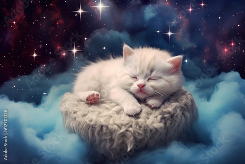 A white cat is sleeping on a fluffy pillow. Generative AI.
