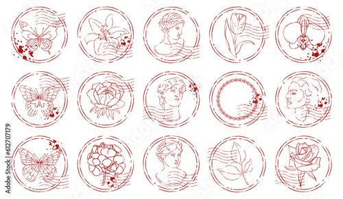 Set of grunge postal rubber stamps and stickers with flowers  butterflies and people isolated on white background.