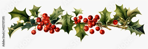 A branch of holly with red berries and green leaves. Generative AI. Decorative clipart element on white background.