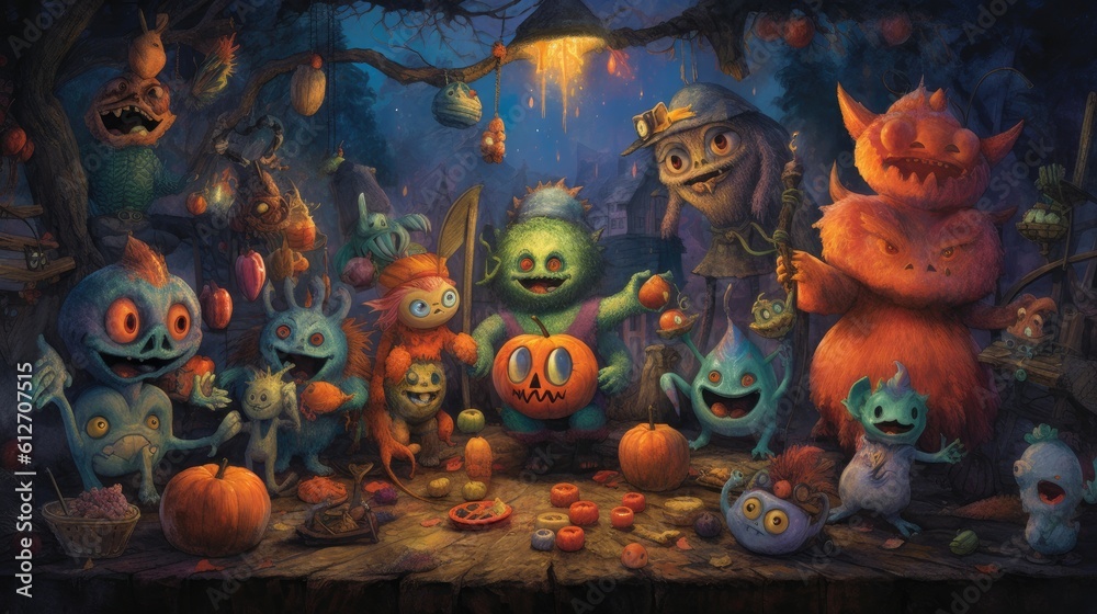 Naklejka premium A playful scene featuring a group of friendly monsters and creatures dressed in costumes, engaging in Halloween activities like pumpkin carving and trick-or-treating - Generative ai