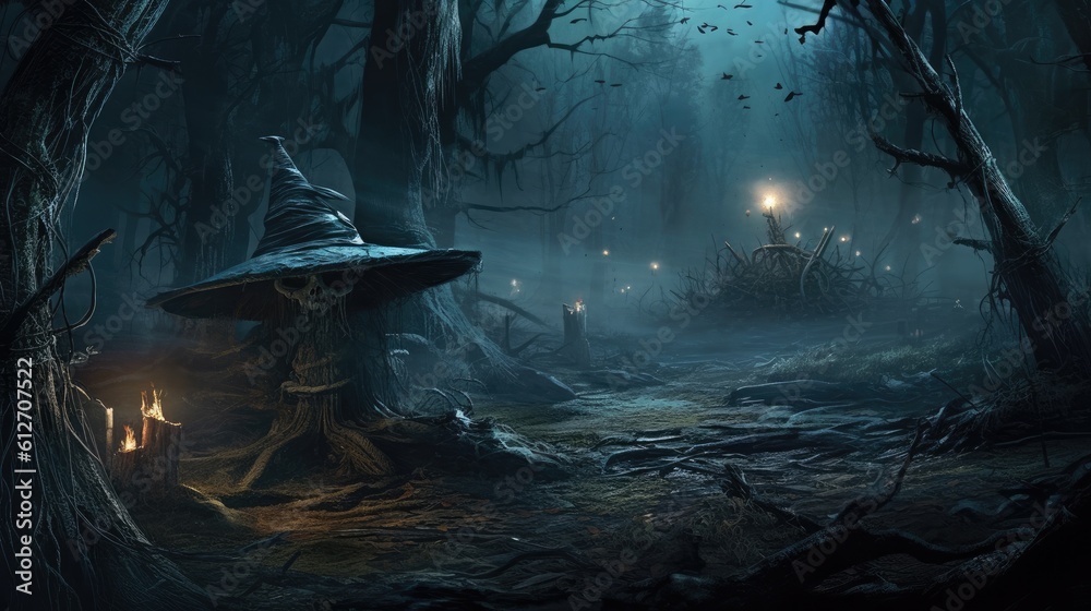 A spooky forest with gnarled trees and glowing eyes peering from the darkness, as a witch's hat and broomstick are seen abandoned on the ground, creating a sense of mystery and intrigue - Generative a