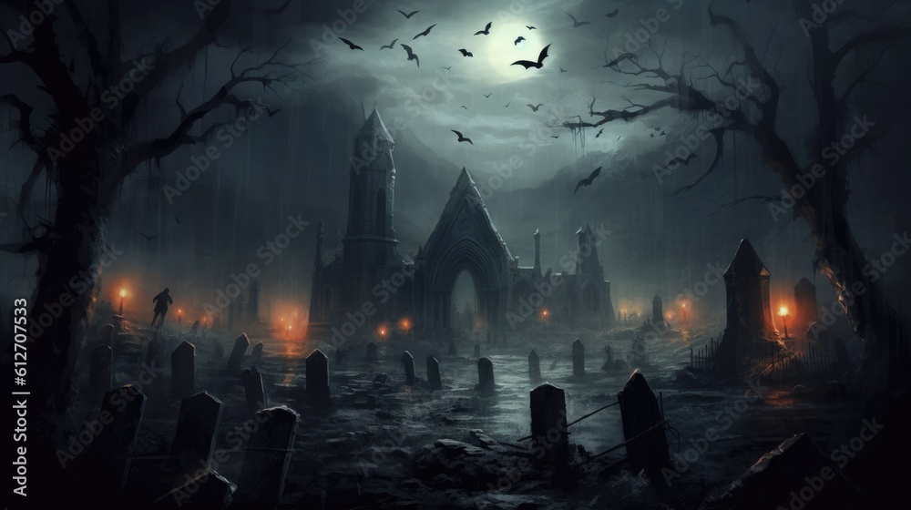 An eerie and atmospheric depiction of a misty graveyard with tombstones, as ghostly figures rise from the ground and bats fly overhead, setting a spooky tone for Halloween - Generative ai