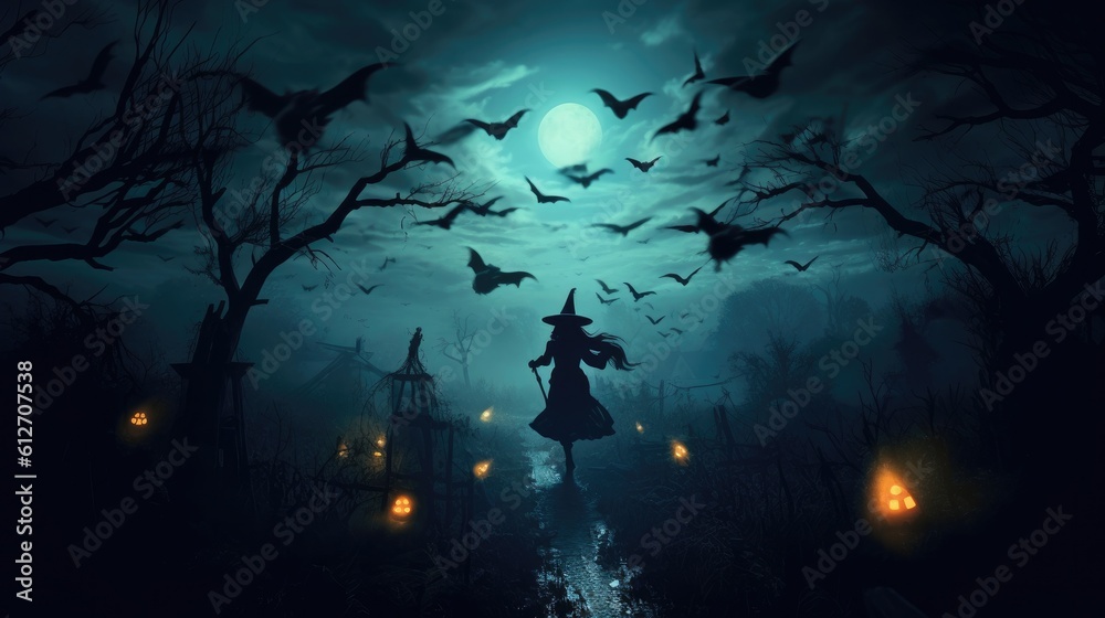An eerie moonlit scene with a witch flying on a broomstick, silhouetted against the night sky, as bats and owls accompany her on her Halloween journey - Generative ai An eerie moonlit scene with a witch flying on a broomstick, silhouetted against the night sky, as bats and owls accompany her on her Halloween journey - Generative ai