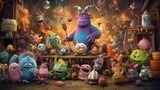A playful scene featuring a group of cute monsters and creatures preparing for a Halloween party, with decorations, costumes, and treats, adding a fun and festive vibe to the background - Generative a