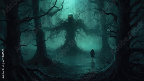 A scary and atmospheric depiction of a haunted forest with twisted trees, glowing eyes in the darkness, and a mysterious figure lurking in the shadows - Generative ai © Filip