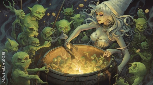 A detailed illustration of a witch stirring a cauldron filled with bubbling green potion, surrounded by creepy creatures like spiders, snakes, and bats - Generative ai