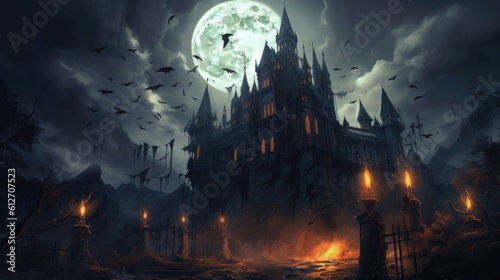 A spooky and detailed illustration of a haunted castle with crumbling walls and glowing windows, as bats soar in the night sky and a full moon adds an eerie glow to the scene - Generative ai
