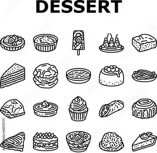 dessert sweet food cake candy icons set vector. pastry chocolate, bakery cupcake, delicious cream, party tasty, birthday cookie dessert sweet food cake candy black contour illustrations
