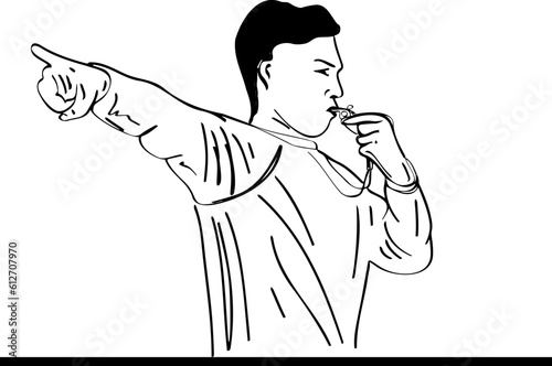Outline sketch of sports referee signaling with whistle, Referee blowing whistle to control game outline drawing