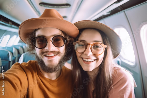 Happy stylish couple of tourists wearing sunglasses and straw hats, taking selfie inside aircraft. Generative ai